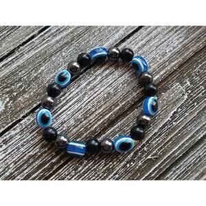 Vintage Black and Blue Glass Bead Bangle Bracelet,  Classic Stacking Bracelets,